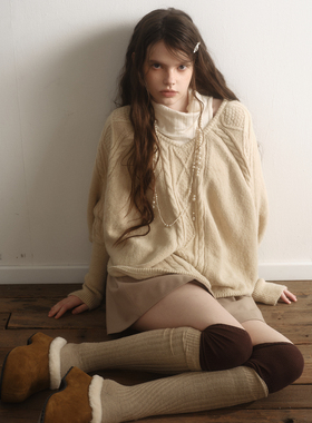 今日艺术家原创紫卡其色韩系绞花羊毛蝙蝠袖两件套毛衣