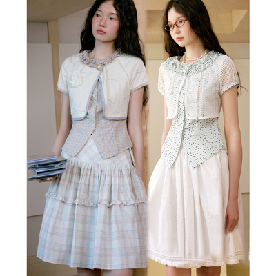 今日艺术家原创2025春夏淡黄绿色假两件波点格纹上衣衬衫