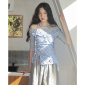 今日艺术家原创2025春夏法式 假两件针织上衣 灰蓝格纹中袖