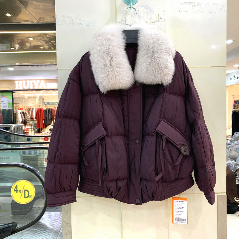 HFX25222 超大狐狸毛领飘带口袋休闲高端短装鹅绒羽绒服欧货冬装