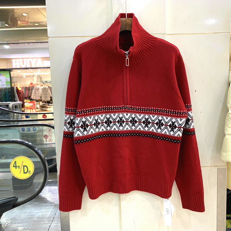 828-756 半开拉链立领复古几何花休闲减龄羊毛羊绒毛衣欧货冬装女