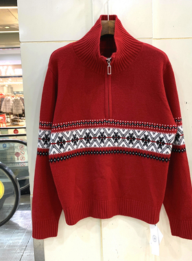828-756 半开拉链立领复古几何花休闲减龄羊毛羊绒毛衣欧货冬装女