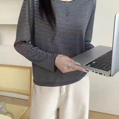 610-5628欧洲站纽扣圆领长袖条纹亚麻针织打底衫显瘦减龄毛衣春季