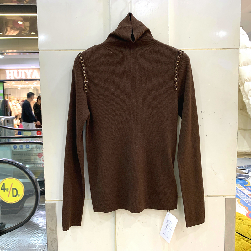 012-2759 欧洲站秋冬2025新款双肩麻花镶钻高领羊毛衫毛衣打底衫