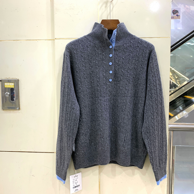 127-962欧洲站秋冬2025气质半开高领拼色麻花山羊绒绵羊毛针织衫