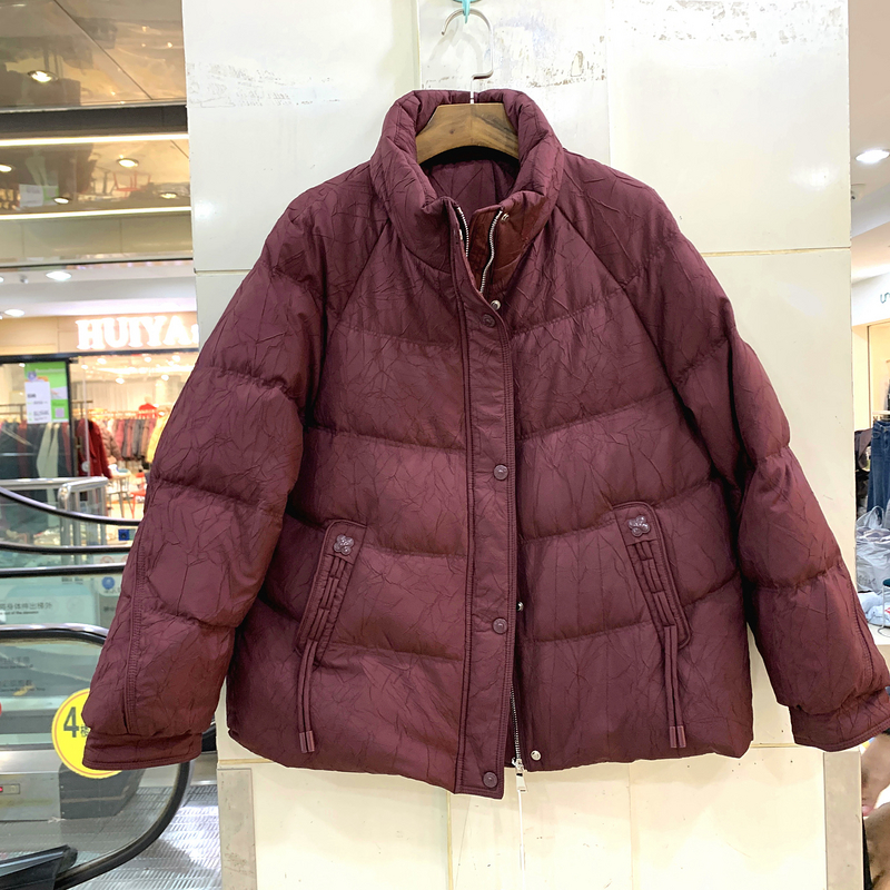 蓝泰30 时尚冰裂纹提花飘带口袋立领休闲轻奢小个鹅绒羽绒服冬装