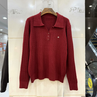 丝露飞语26171 三粒扣剪刀翻领麻花纹休闲针织衫毛衣上衣欧货秋装