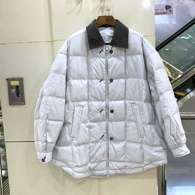 L8105 撞色拼皮翻领拉链纽扣宽松休闲A字衬衣式轻薄羽绒服外套冬
