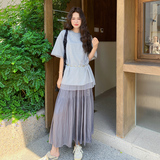 韩版灰色松弛慵懒风套装女2025夏季新款网纱拼接短袖半身裙两件套，女装套装/套裙，浙宝206A（原202）