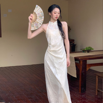 夏季无袖挂脖新中式修身显瘦白色约会复古改良款旗袍长裙连衣裙女