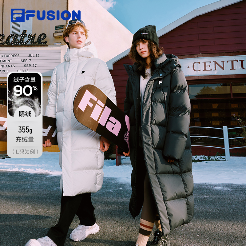 FILA FUSION斐乐潮牌情侣款长款羽绒服2025冬季新款连帽外套鹅绒
