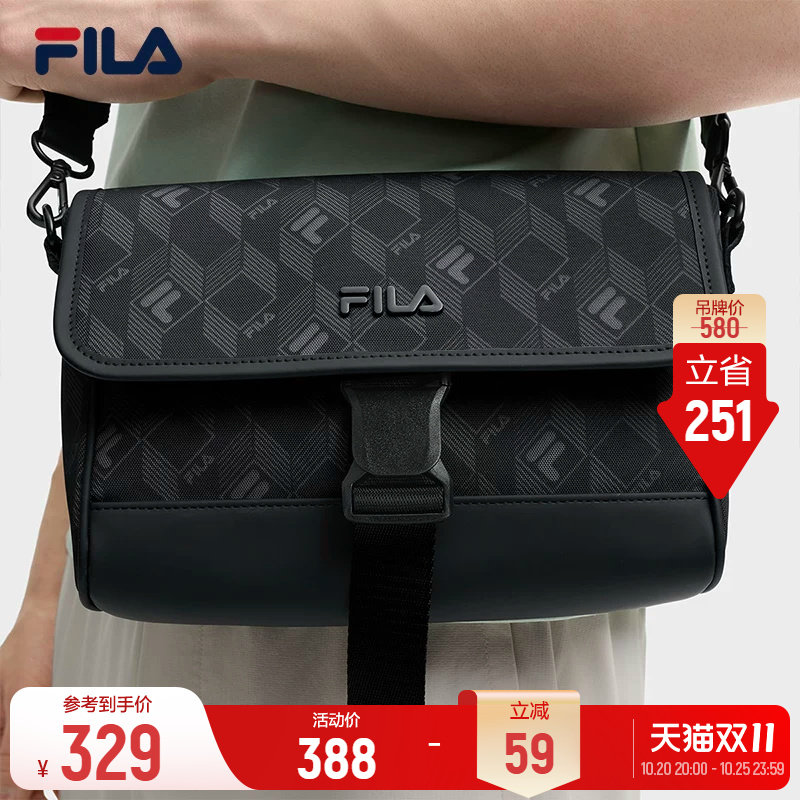 斐乐黑武士丨FILA挎包男通勤男包黑色防泼水老花单肩休闲斜挎包包