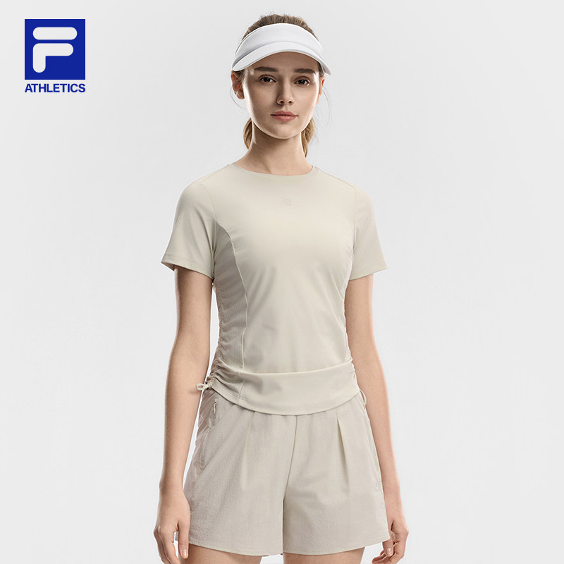 FILA斐乐女子短袖衫2026夏季新款健身跑步运动上衣侧抽绳显瘦T恤