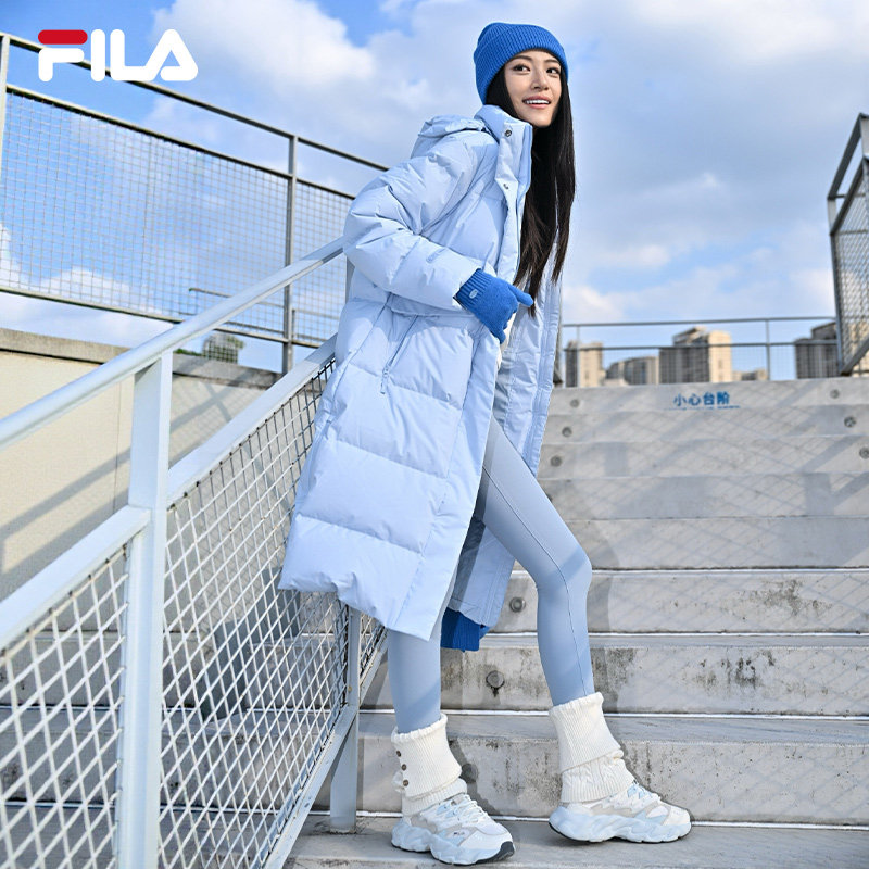 杨幂同款FILA RGB羽绒服斐乐长款连帽保暖防寒服白色防污休闲外套
