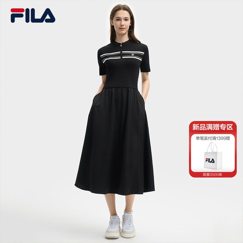 FILA斐乐官方女子连衣裙春夏秋款时尚休闲简约修身短袖收腰连衣裙