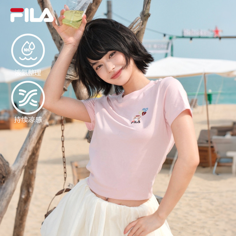 FILA斐乐针织短袖衫女2026夏季新款冰丝运动猫咪刺绣上衣修身T恤