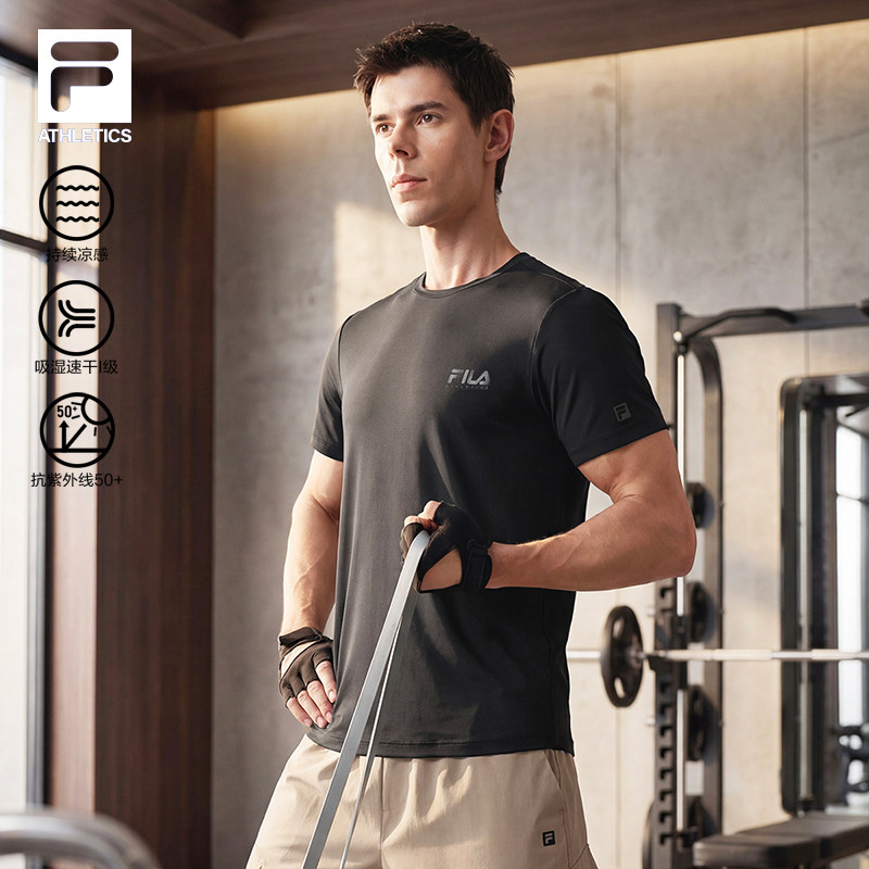 FILA斐乐官方男运动短袖T恤夏季户外透气休闲圆领上衣黑色短袖衫