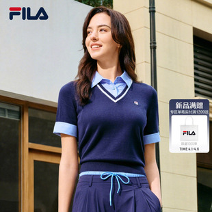 FILA斐乐官方女编织衫 时尚 假两件拼接撞色polo短袖 上衣 2026夏新款