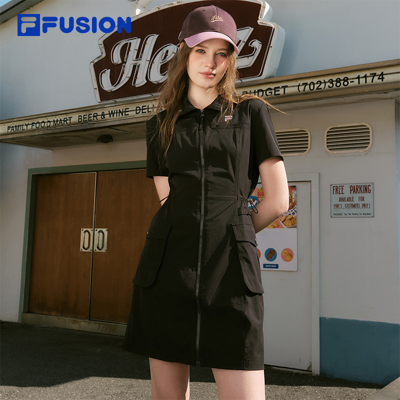 工装裙|FILA FUSION斐乐女子梭织连衣裙夏季短裙立领短袖凉感女裙