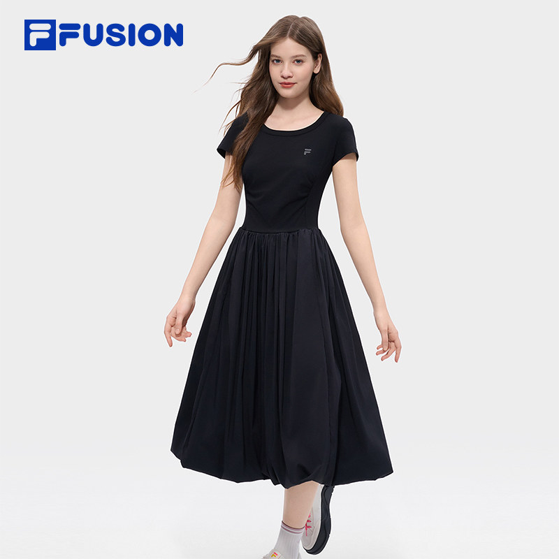 FILA FUSION斐乐官方女子连衣裙2026夏新款女装纯色简约短袖裙