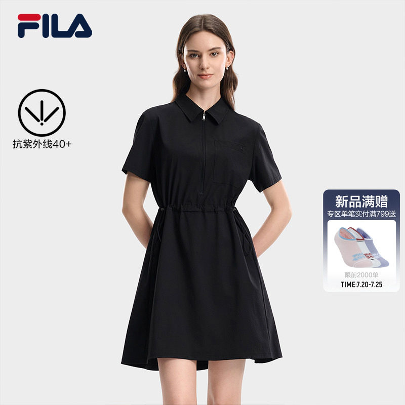 FILA 斐乐官方女梭织连衣裙26秋新款休闲防晒收腰短袖衬衫polo裙
