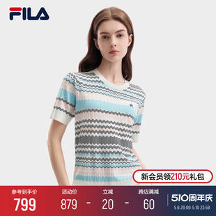 新款 FILA 斐乐官方女子编织衫 2024夏季 上衣 彩色波浪休闲基础短袖