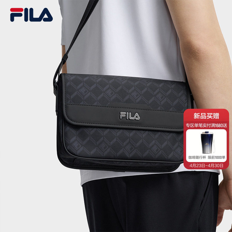 黑武士挎包|FILA 斐乐官方男包老花夏季新款翻盖单肩包隔层斜挎包