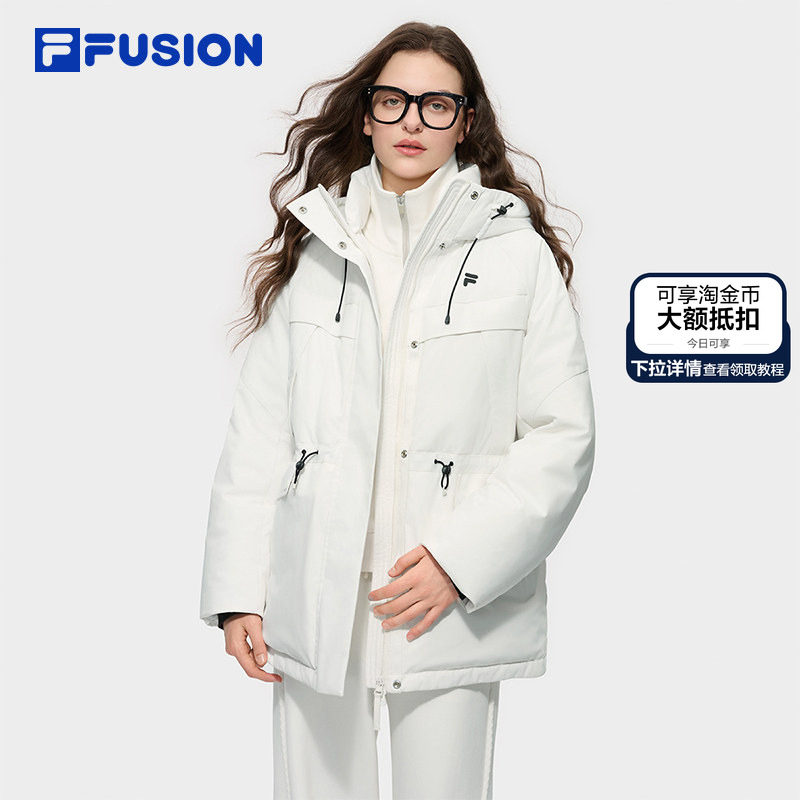 FILA FUSION斐乐潮牌中长款羽绒服女2025冬新款宽松保暖连帽外套