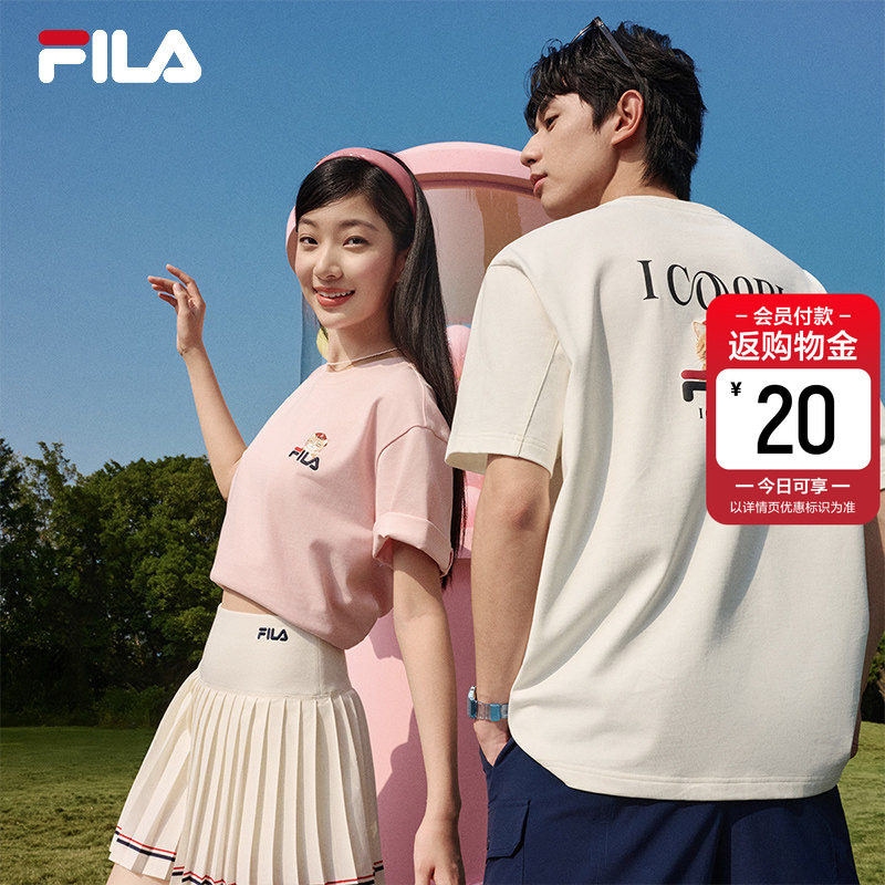 FILA斐乐情侣短袖T恤2026夏新男休闲纯棉重磅卡通猫咪刺绣上