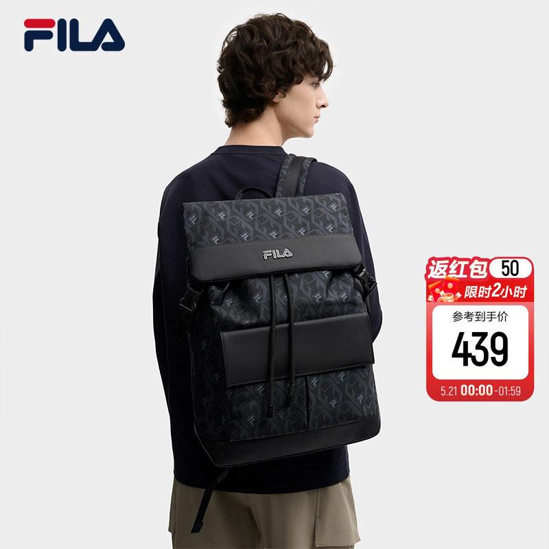 黑武士|FILA 斐乐官方男士背包休闲翻盖通勤双肩包书包电脑包挎