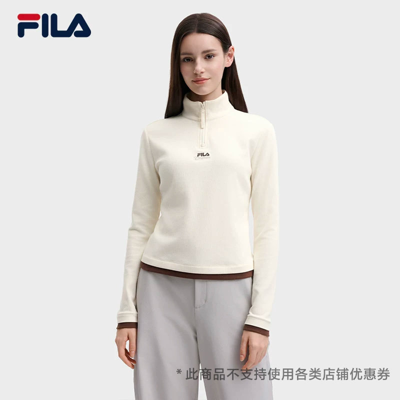 FILA斐乐复古运动针织长袖上衣26冬新款女保暖立领半开襟叠穿长T