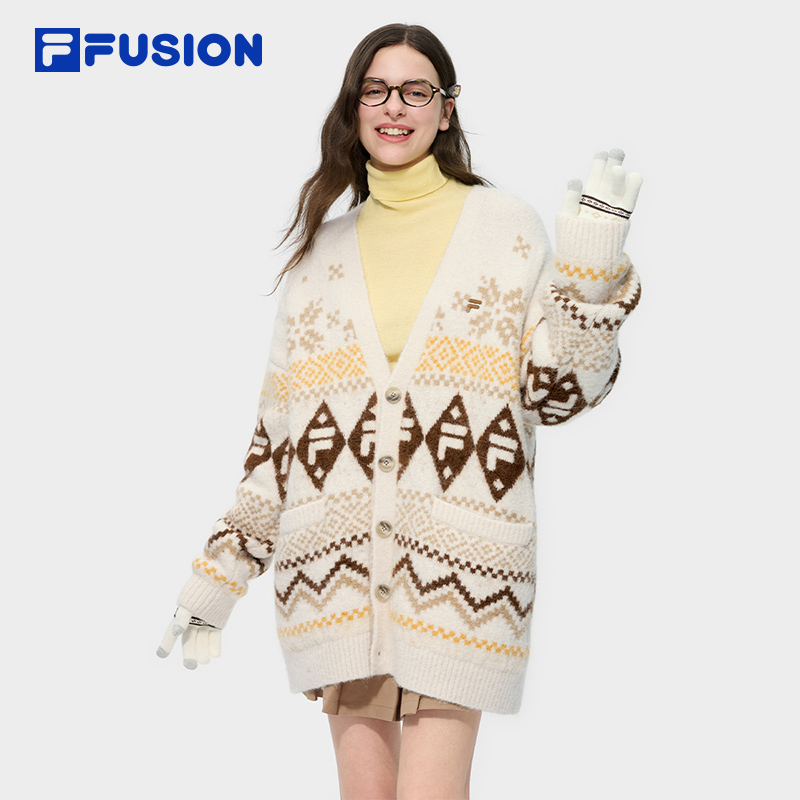 FILA FUSION斐乐潮牌情侣款编织外套2025冬季新款时尚休闲V领开衫