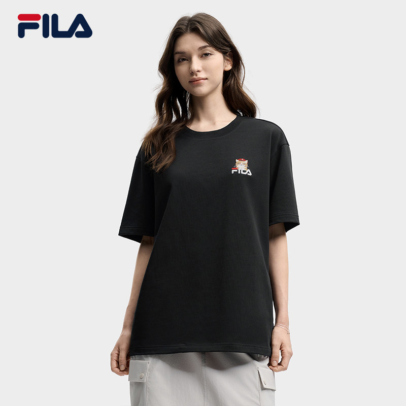 FILA多彩斐乐情侣短袖T恤2026夏新男休闲纯棉重磅卡通猫咪上