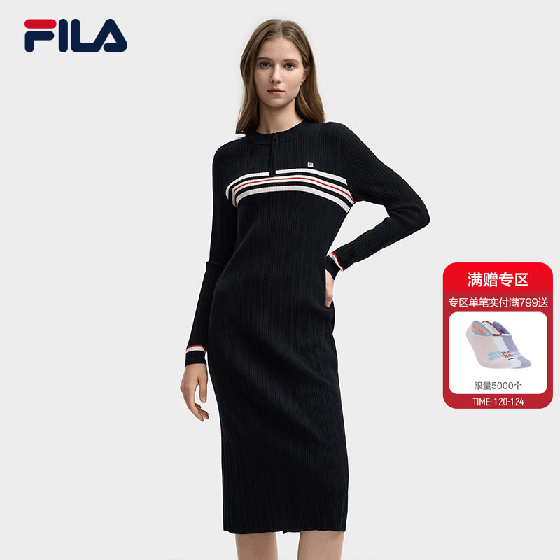 FILA 斐乐官方女子编织连衣裙2025冬季新款时尚修身连身毛衣长裙,运动服/休闲服装,运动连衣裙,淘宝优惠券,粉丝福利购,淘宝优惠卷