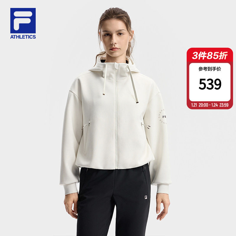 FILA 斐乐官方女士针织连帽外套2025冬新款健身运动简约宽松
