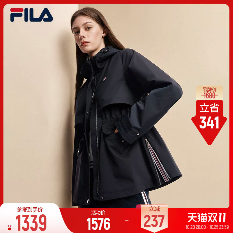 FILA斐乐中长款收腰风衣外套26秋冬新款女装商务休闲显瘦连帽上衣