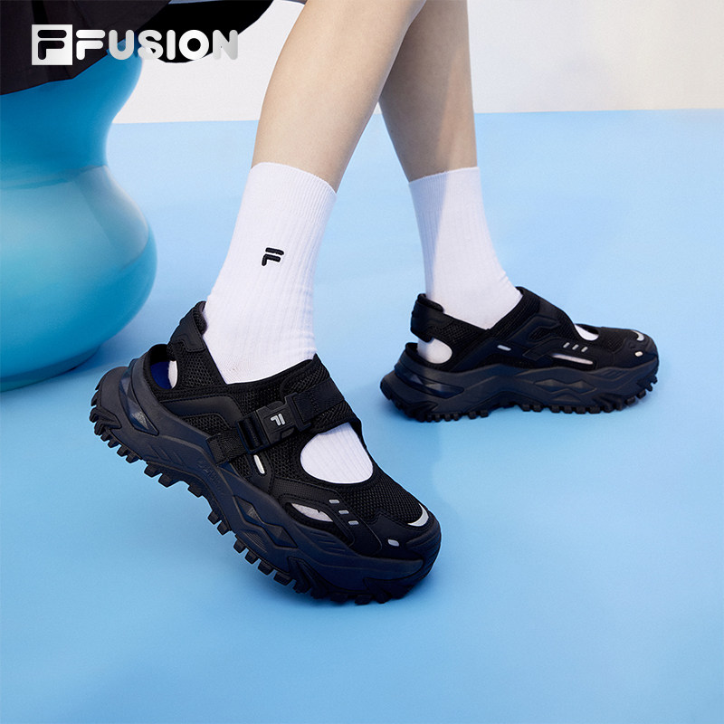 硬糖凉鞋丨FILA FUSION 斐乐潮牌厚底增高女鞋夏季透气网面沙滩鞋