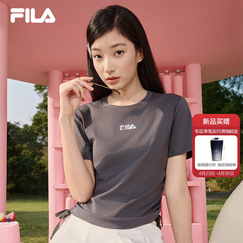 FILA斐乐侧抽绳女子短袖T恤2026夏季新款休闲运动刺绣修身白上衣
