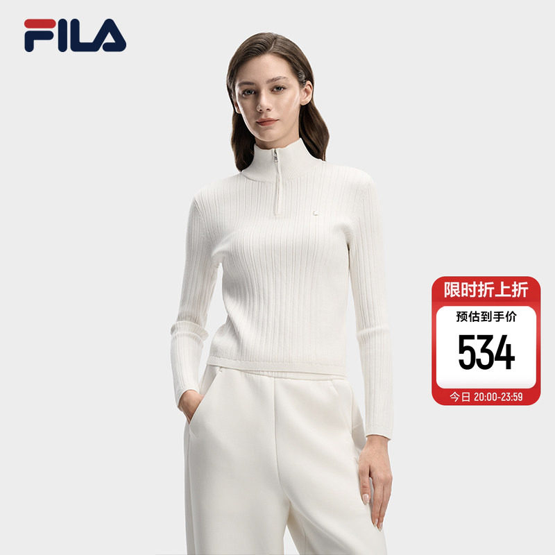 杨幂同款FILA 斐乐官方编织衫毛衣女春季新款时尚保暖半拉链上衣