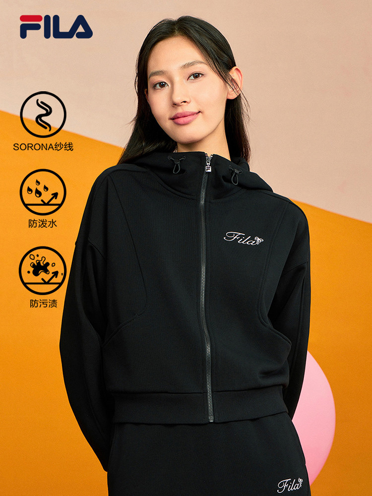 여성을위한 FILA 공식 짧은 후드 재킷 2024 가을 새로운 패션 카디건 스웨트 재킷 탑