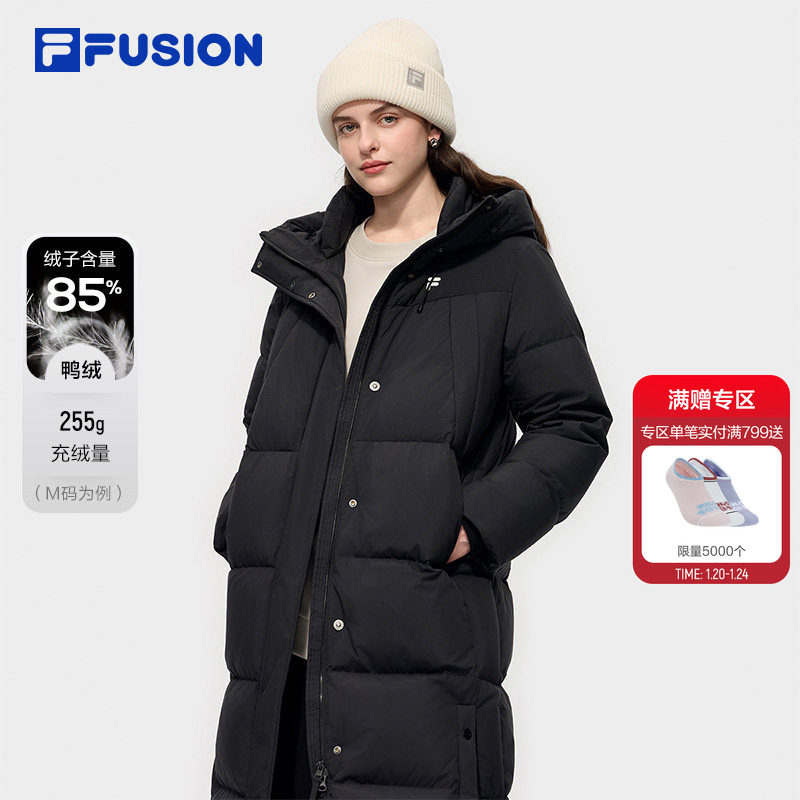 FILA FUSION斐乐潮牌长款羽绒服女2025冬季新款休闲保暖连帽外套