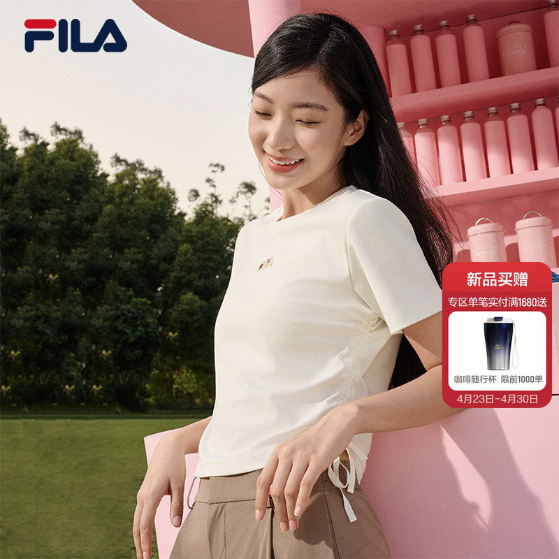 FILA斐乐女子辣妹短袖T恤2026夏新款休闲运动刺绣修身侧抽绳上衣