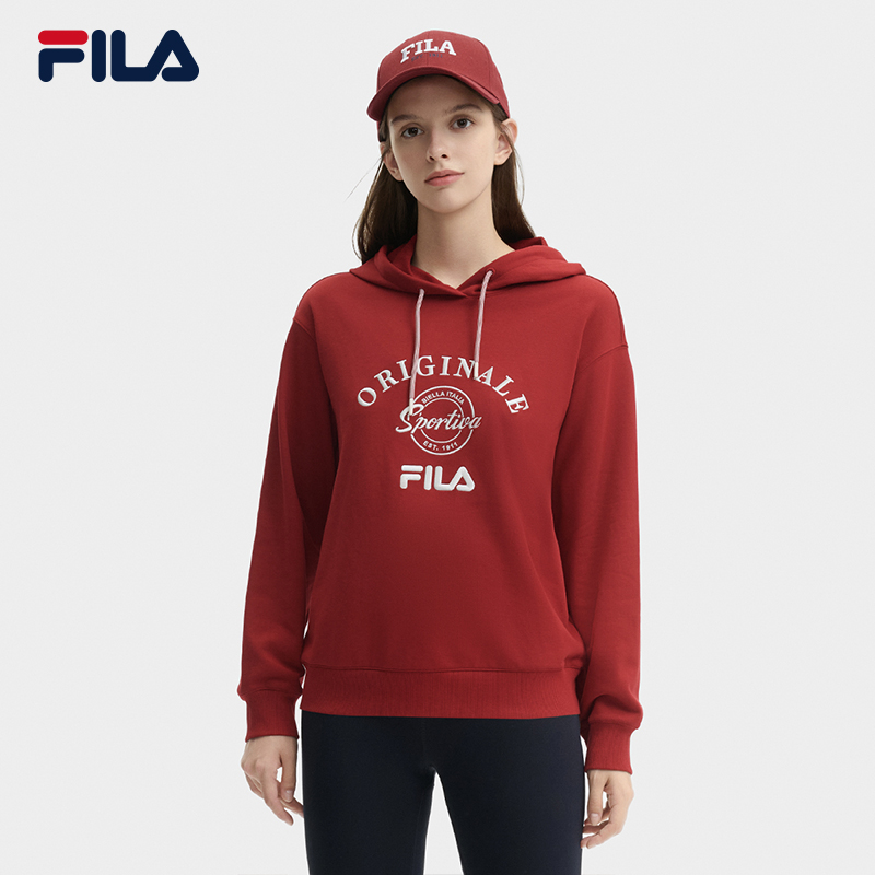 FILA 斐乐官方女子连帽卫衣2024冬季新款红色休闲舒适针织上衣
