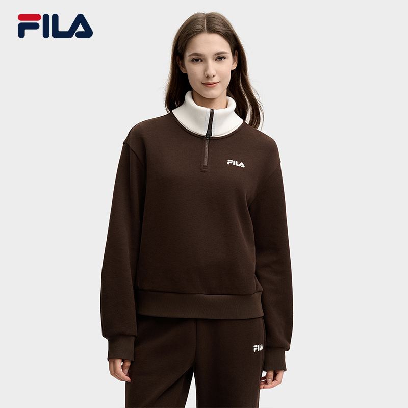 FILA 斐乐官方女子套头卫衣2025春新款时尚拼接撞色翻领针织