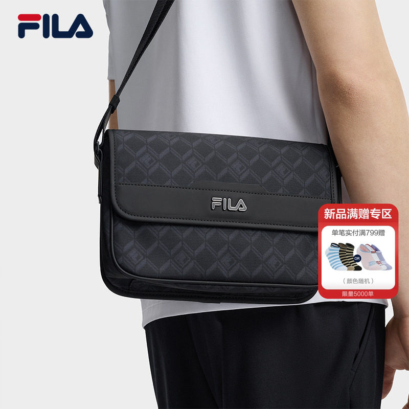 黑武士挎包|FILA 斐乐官方男包老花夏季新款翻盖单肩包隔层斜挎包