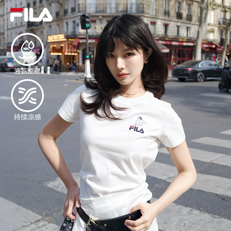 FILA斐乐针织短袖衫2026夏季新款女冰丝运动修身T恤猫咪刺绣上衣