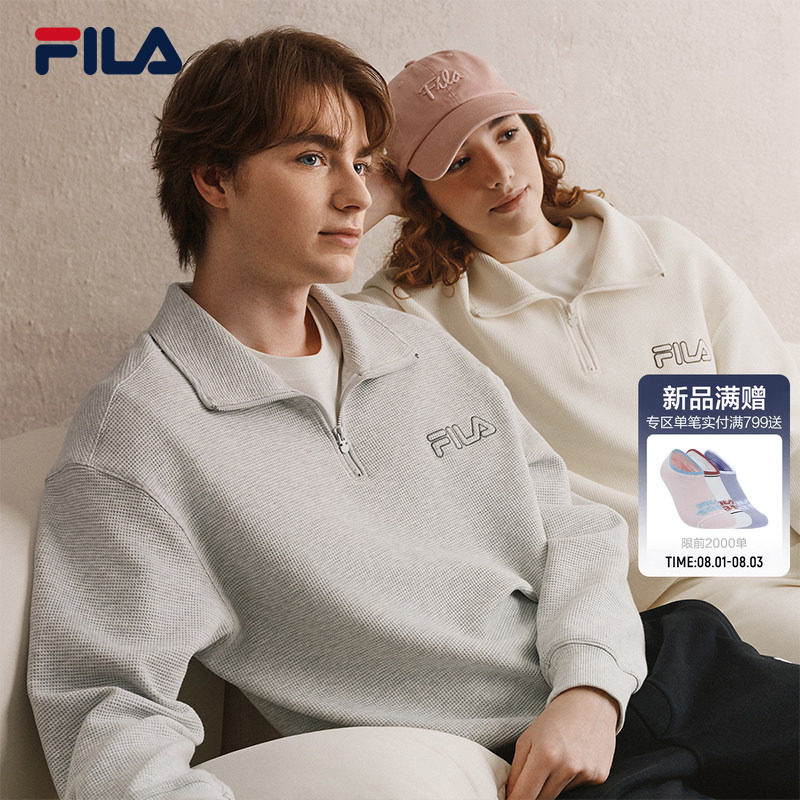FILA斐乐半开襟男女同款卫衣秋季款情侣华夫格宽松POLO翻领女上衣