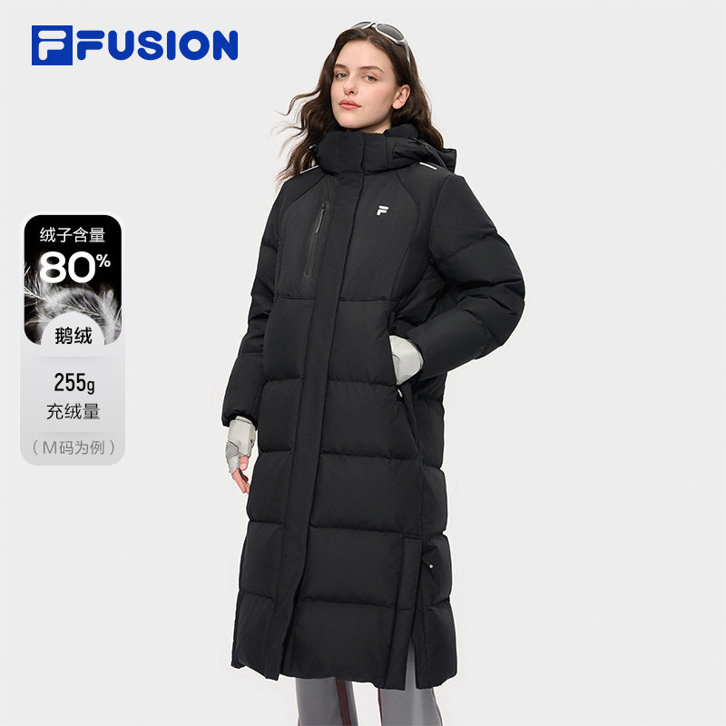 FILA FUSION斐乐潮牌长款鹅绒羽绒服女2025冬季新款保暖连帽外套