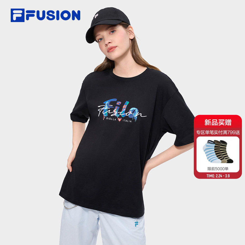 FILA FUSION斐乐潮牌情侣款针织短袖衫夏新款凉感宽松男女T恤