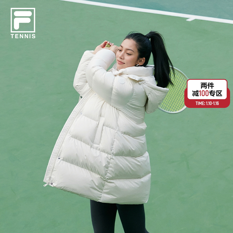 FILA斐乐女士中长款保暖羽绒服2025冬新款网球运动宽松连帽厚外套